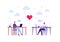 Love relatioship concept. Vector flat person modern illustration. Couple of male and female sitting at table with laptop, talk