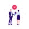 Love relatioship concept. Vector flat person modern illustration. Couple of male and female talking with flower bouquet and talk