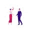 Love relatioship concept. Vector flat person modern illustration. Couple of male in suit and female talking with air kiss. Design