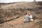 Love, romance and people concept - happy young couple hugging sitting on the edge of a cliff outdoors.