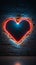 Love\\\'s radiance: red neon heart adorned by blue frame on textured brickwall backdrop.