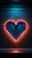 Love\\\'s radiance: red neon heart adorned by blue frame on textured brickwall backdrop.