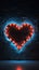 Love\\\'s radiance: red neon heart adorned by blue frame on textured brickwall backdrop.