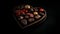Love\\\'s sweet embrace, Heart-shaped box holding scrumptious chocolate candies on black.