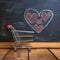 Love for shopping Small cart, heart doodles on charming blackboard