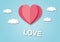 Love sign with pink hearts and cloud on blue sky background of greeting design for Valentineâ€™s day or Wedding.
