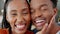 Love, smile and black couple laughing and celebrating good news, happy and positive. Closeup portrait of African