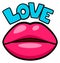 Love sticker with woman lips. Romantic female kiss
