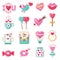 Love stickers. Romantic emblems valentine day symbols heart rose envelope flowers drinks wedding icons recent vector