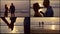 Love story of loving pair at sea beach in sunset time, collage of four images