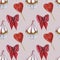 Love and sweets template design. Watercolor pattern whit cupcake, red heart lolipop and red bow on pink background