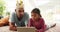 Love, tablet and father with girl child on a bed for games, bond and fun while playing with a crown in their home