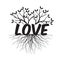 LOVE, text and idea. Concept with Leaves and Roots. Vector Illustration