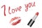 Love text and red lipstick and lip imprint