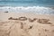 Love, text on sand at beach, jellyfish behind