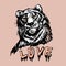 Love tiger, lion face, portrait. Drawn black line art. Exotic, predator face background, print, logo. Trendy tiger head vector