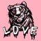 Love tiger, lion face, portrait. Drawn black line art. Exotic, predator face background, print, logo. Trendy tiger pink head