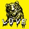 Love tiger, lion face, portrait. Drawn black line art. Exotic, predator face background, print, logo. Trendy tiger yellow head