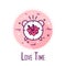 Love time icon with alarm clock and hearts on the dial. Thin line flat design. Vector card