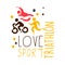 Love triathlon sport logo. Colorful hand drawn illustration