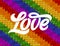 Love typography on rainbow knitted texture, vector illustration. Seamless Pattern with lettering for LGBT community