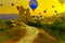 Love valley Hot air balloons landing in a mountain, landscape at