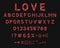 Love vector alphabet. Letters A-Z, numbers 0-9 and punctuations made of hearts shades of red and pink. Creative font for