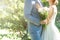 Love wedding couple,Wedding bouquet in hands of bride and groom