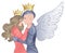 Love wins. Romantic lesbian couple. Female knight in armour and wings kissing a princess. Medieval aesthetics. Vector