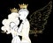 Love wins. Romantic lesbian couple. Female knight in armour and wings kissing a princess. Medieval aesthetics. Vector