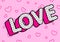 Love word on light pink seamless background. Cute rose vector background in LOL doll style.