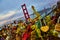 Love You Forever with hearts padlock on fence full of promises overlooking Golden Gate Bridge sunset