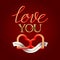 Love You golden and fluid 3d lettering text with two connected hearts symbol. Happy Valentines Day greeting card design