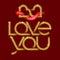 Love You golden glittering lettering with two connected hearts valentine logo on red background