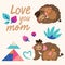 Love you mom greeting card. Baby mammoth with his mother among leaves, mountains and berries