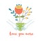 Love you more text Hands hugging cup with flowers Cute hand drawn Valentines day card vector