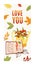 Love you so much autumn poster, cute hedgehog standing near apple harvest basket flat vector illustration, isolated on