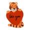 Love you quote. Cute tiger in love. Romantic animal is sitting and holding heart in paws