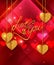 Love you shining background. Gold heart. Valentines Day greeting card, invitation. Hanging gold hearts.