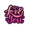 Love You text isolated on background. Handwritten lettering Love You as logo, badge, icon, patch, sticker. Template for St.