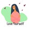 Love yourself. Narcissistic, self-confident girl hugged herself. Vector concept card or with cute smiling young girl with hearts