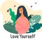 Love yourself. Narcissistic, self-confident girl hugged herself. Vector concept card or postcard with cute smiling young girl