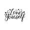 Love yourself- positive handwritten text, with hearts.
