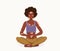 Love yourself with problem vitiligo skin vector background. Young happy positive african woman sitting in yoga posture