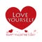 ``Love yourself`` text. Red shining sparkle heart. Happy Valentine`s day greeting card