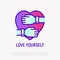 Love yourself thin line icon: hands hug heart. Modern vector illustration of selfcare and self acceptance