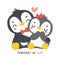 Loveable Valenntine penguin couple hugging in a whimsical hand drawn cartoon, perfect for romantic greetings and festive occasions