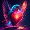 Lovebird hugging heart Beautiful parrot with a heart. Valentine\\\'s Day card. AI generated animal ai