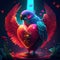 Lovebird hugging heart Valentine\\\'s day card with bird and heart. 3d rendering AI Generated animal ai