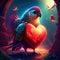 Lovebird hugging heart Valentine\\\'s day card with parrot and red heart. AI Generated animal ai